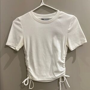 ZARA White Crop Tee with Ruched Tie Front